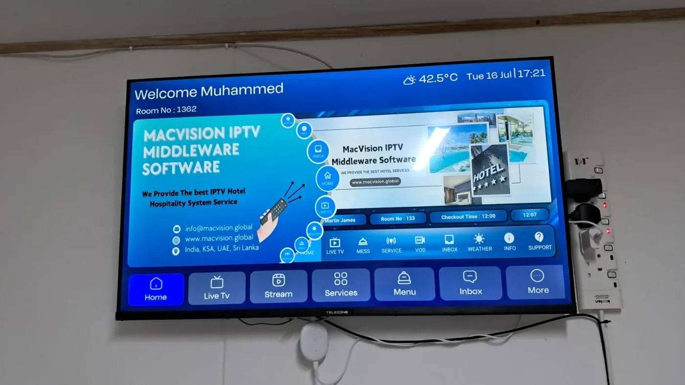 مرجع تقني لفنادق الحجاج في مكة يوضح منصة MACVISION لـIPTV داخل الغرف